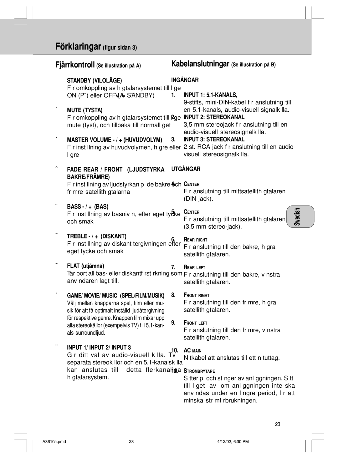 Philips MMS316, A3.610 manual ¡ Mute Tysta, Treble / + Diskant, Ingngar, Input 2 Stereokanal, Input 3 Stereokanal, Utgngar 