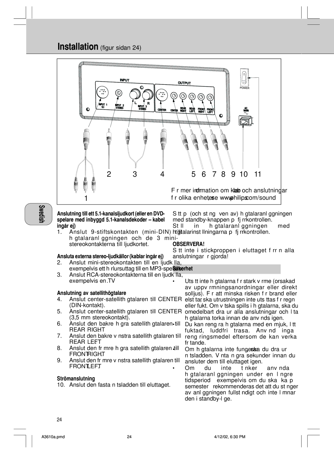 Philips A3.610, MMS316 manual Installation figur sidan, Rear Right Rear Left, Front Right, Front Left, Observera 