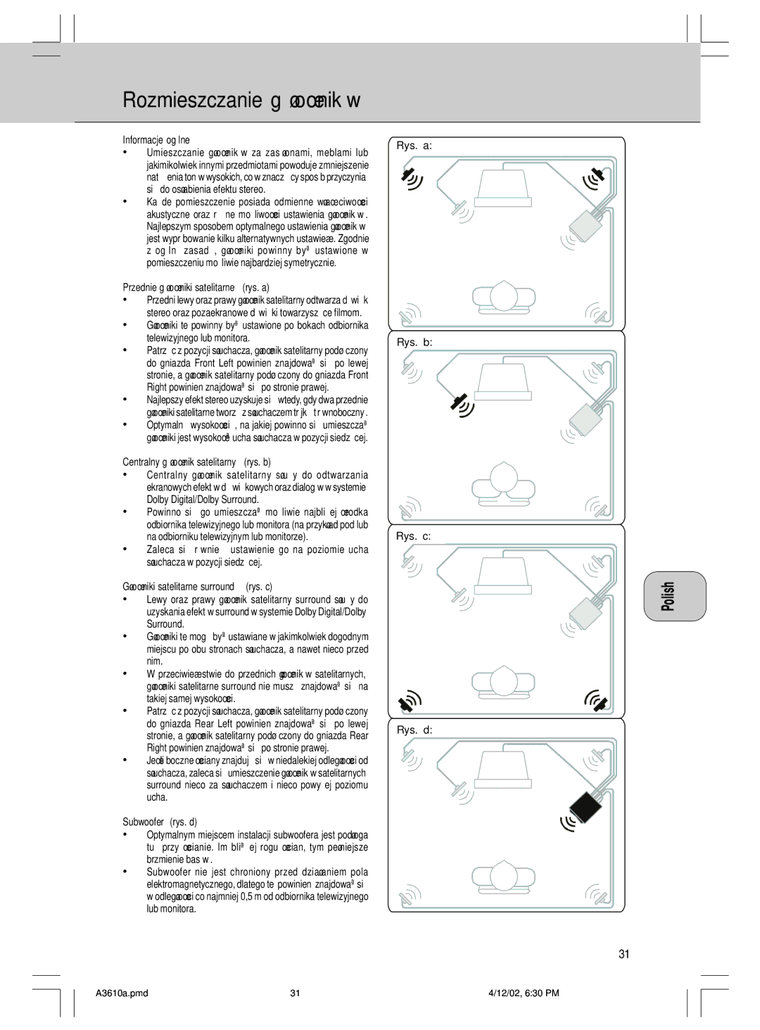 Philips MMS316, A3.610 manual Rozmieszczanie g˘o˙nikÛw 