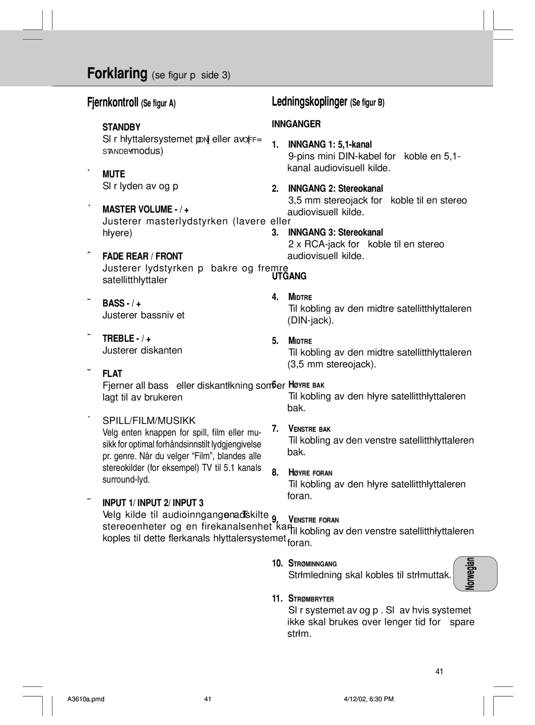 Philips MMS316, A3.610 manual Innganger, Utgang 