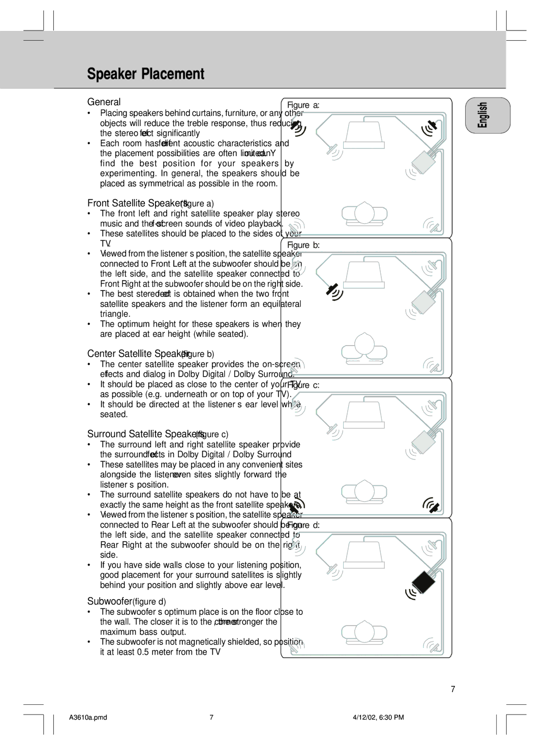 Philips MMS316, A3.610 manual Speaker Placement ñ 