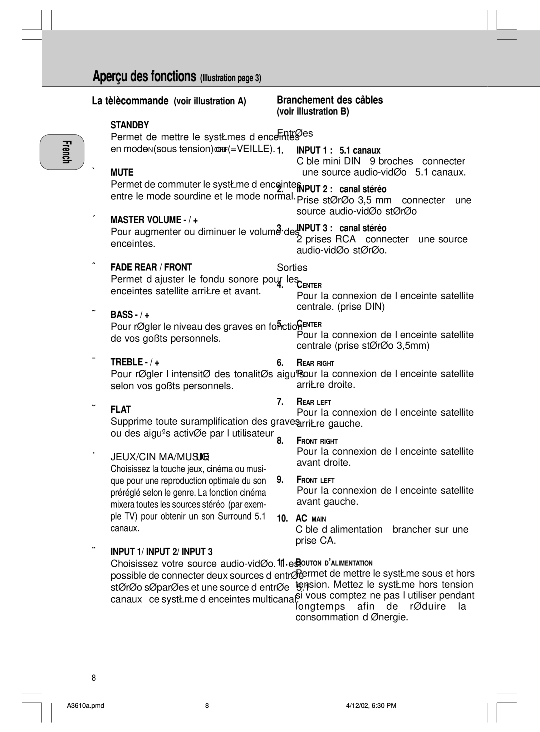 Philips A3.610 Branchement des c‚bles voir illustration B EntrÈes, ¿ Standby, ¡ Mute, Input 1/ Input 2/ Input, AC Main 