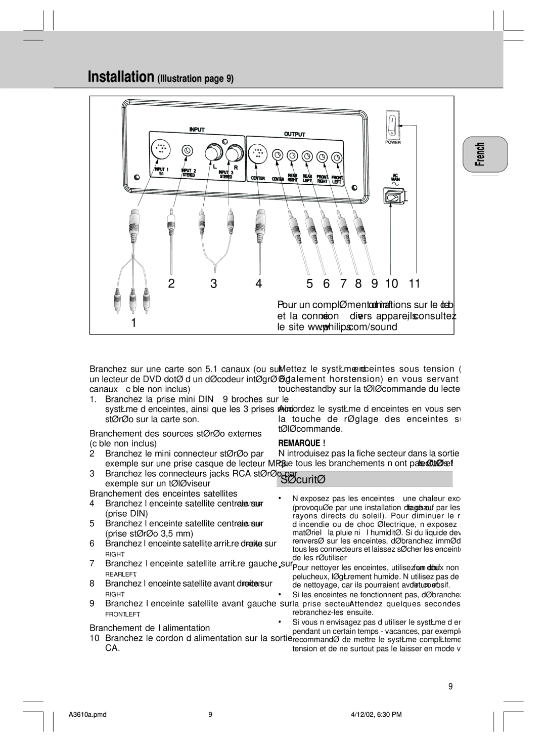 Philips MMS316, A3.610 manual Installation Illustration, Branchement des sources stÈrÈo externes c‚ble non inclus, Remarque 