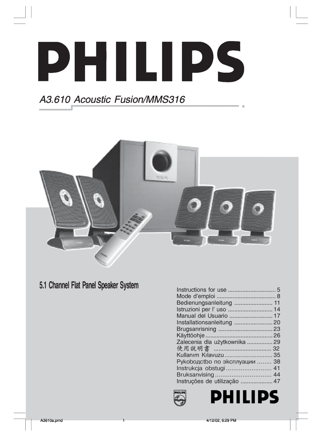 Philips manual A3.610 Acoustic Fusion/MMS316, Channel Flat Panel Speaker System 