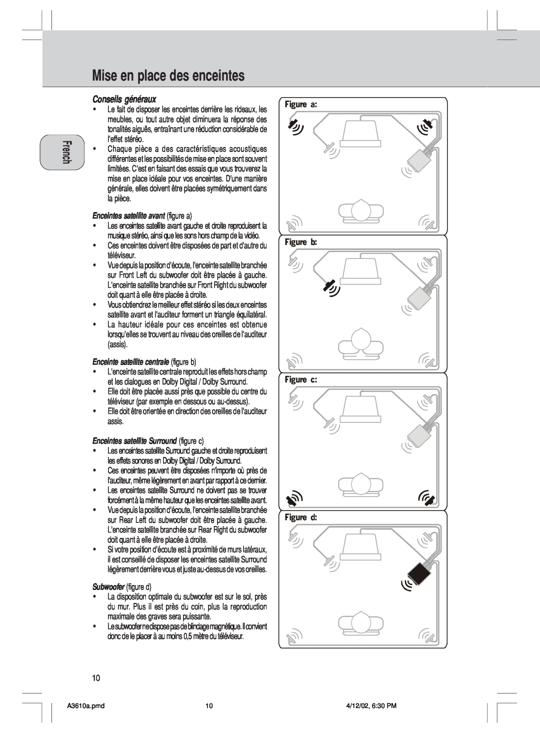Philips A3.610, MMS316 manual Mise en place des enceintes, Conseils gÈnÈraux, Turkish Russian Norwegian Danish Portuguese 
