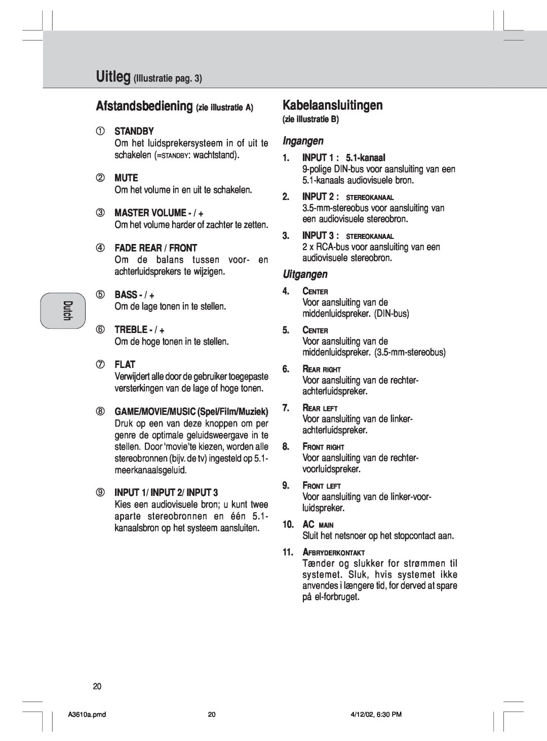 Philips A3.610, MMS316 manual Kabelaansluitingen, Ingangen, Uitgangen 