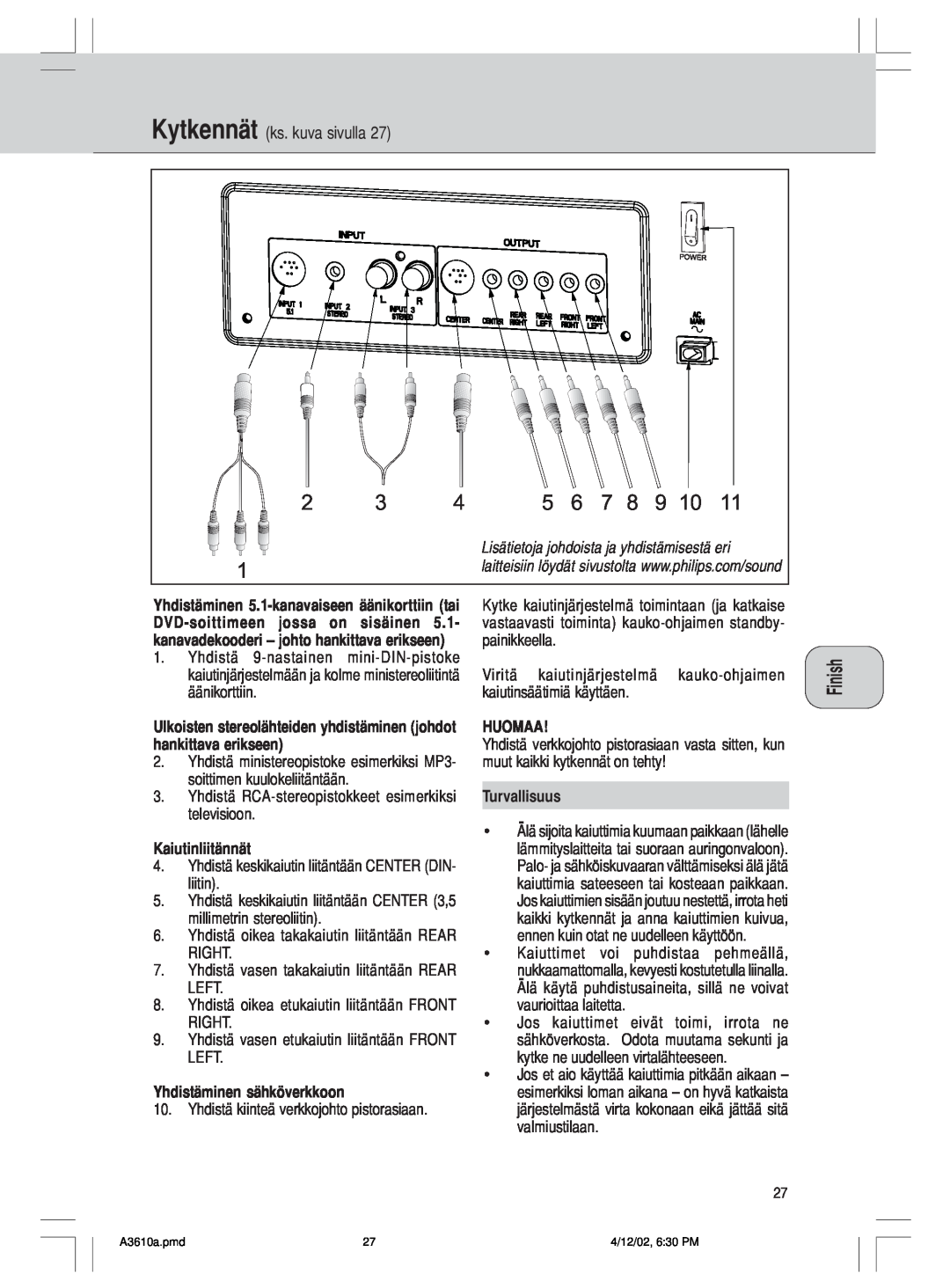 Philips MMS316, A3.610 manual Kytkenn‰t ks. kuva sivulla, Lisätietoja johdoista ja yhdistämisestä eri 