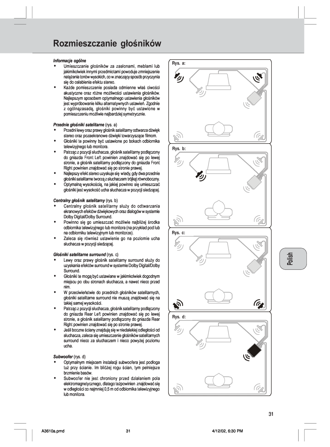 Philips MMS316, A3.610 manual Rozmieszczanie g˘o˙nikÛw, Turkish, Russian, Norwegian, Danish 