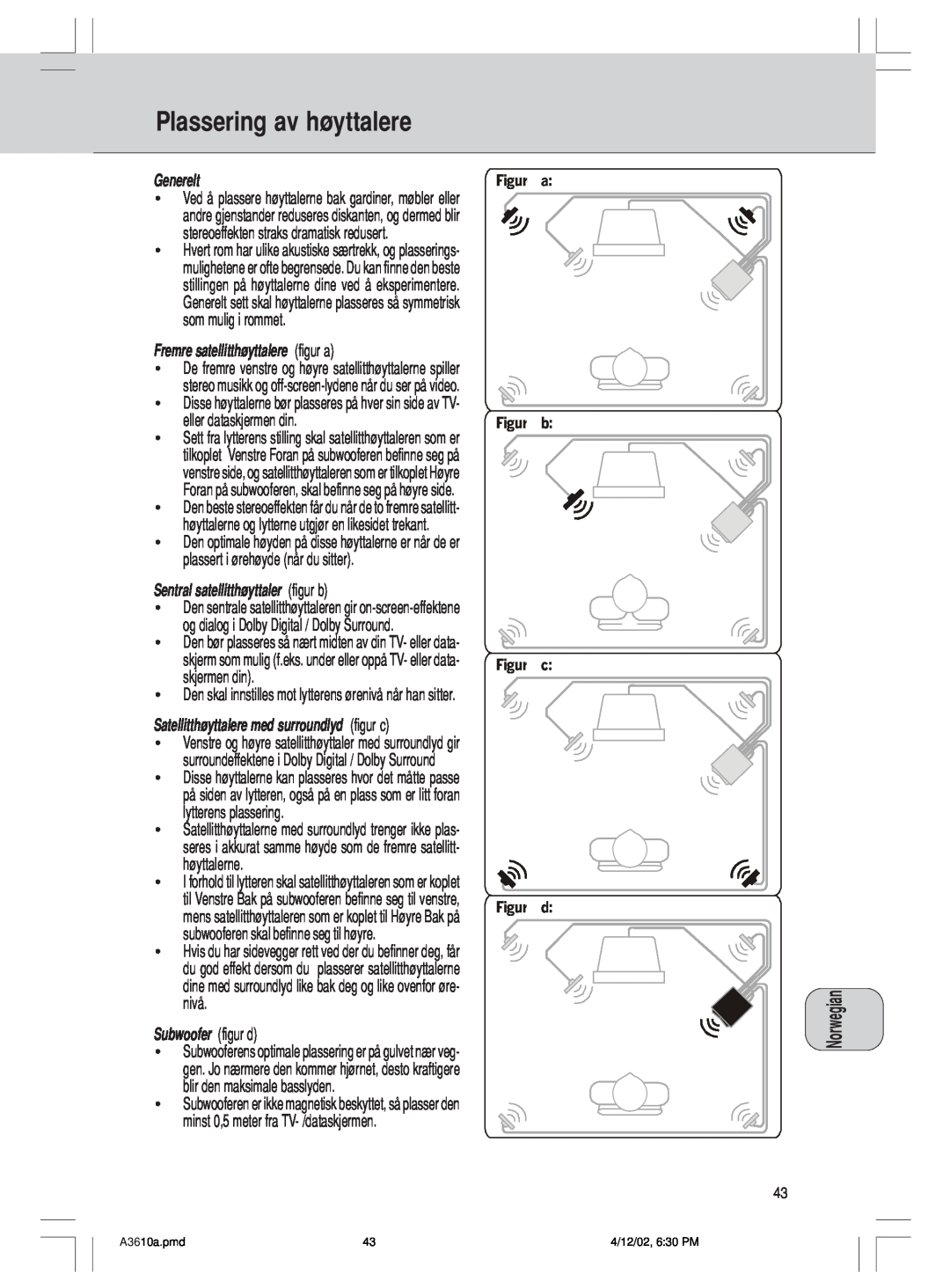 Philips MMS316, A3.610 manual Plassering av h¯yttalere 