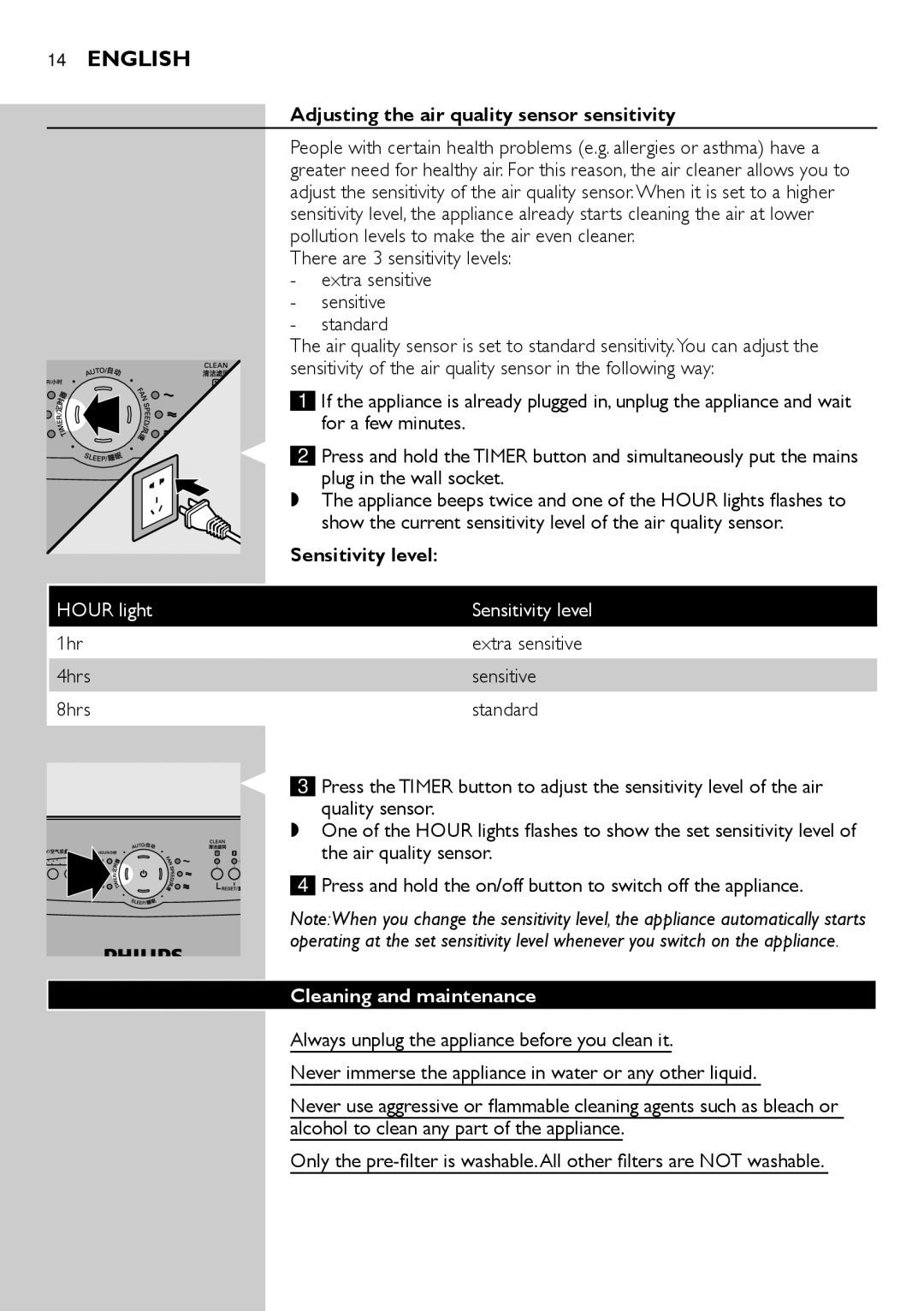 Philips AC4002 manual Adjusting the air quality sensor sensitivity, Sensitivity level, Cleaning and maintenance  