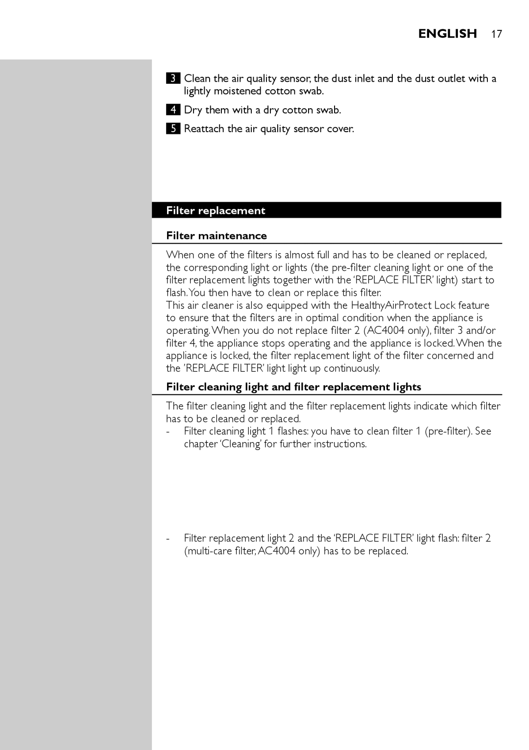 Philips AC4002 manual Filter replacement, Filter maintenance, Filter cleaning light and filter replacement lights 