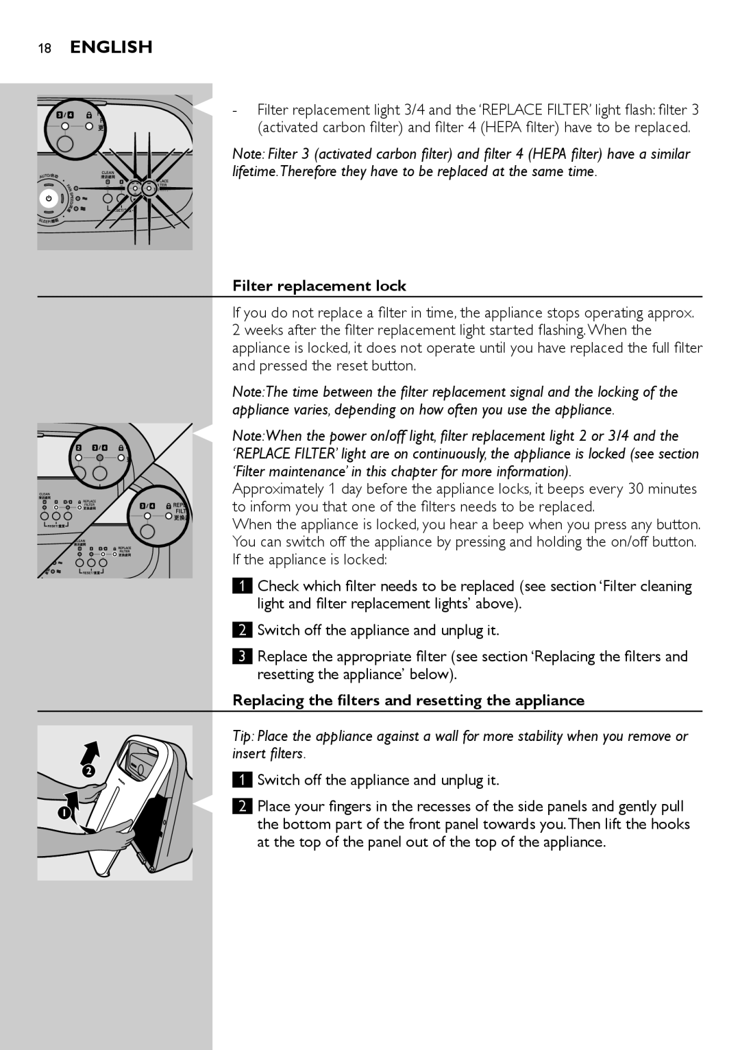 Philips AC4002 manual Filter replacement lock, Replacing the filters and resetting the appliance 