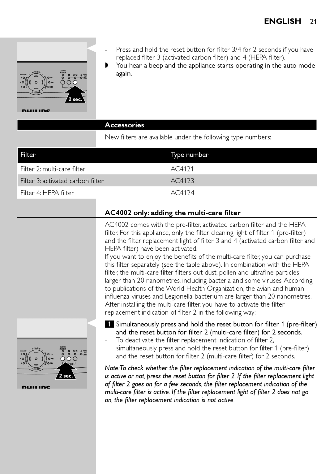 Philips manual Accessories, AC4002 only adding the multi-care filter 