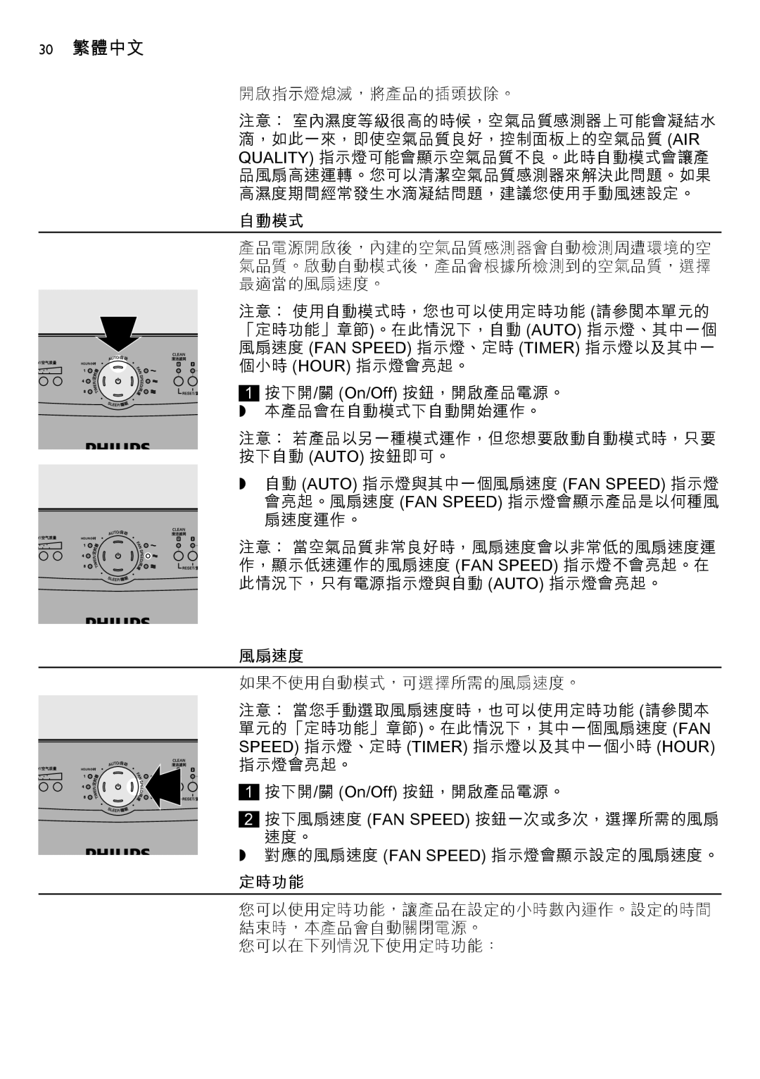 Philips AC4002 manual 30 繁體中文, 自動模式, 風扇速度, 定時功能 