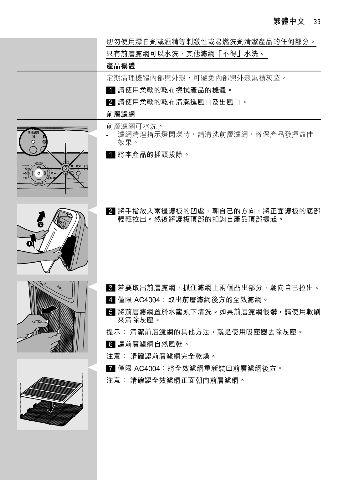 Philips AC4002 manual 產品機體, 前層濾網 