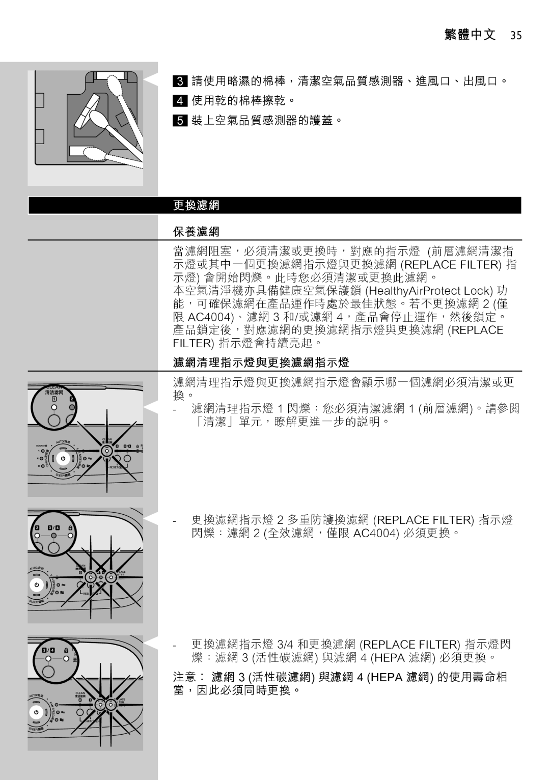 Philips AC4002 manual 保養濾網, 濾網清理指示燈與更換濾網指示燈 