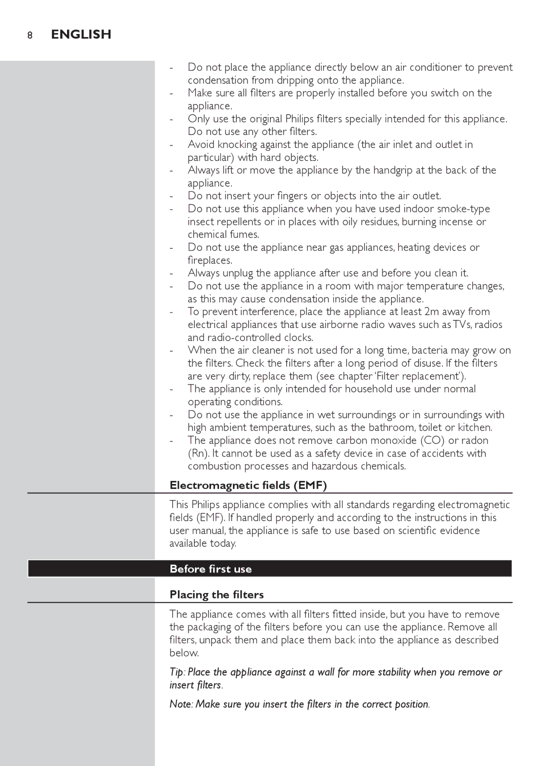 Philips AC4002 manual Electromagnetic fields EMF, Before first use, Placing the filters 