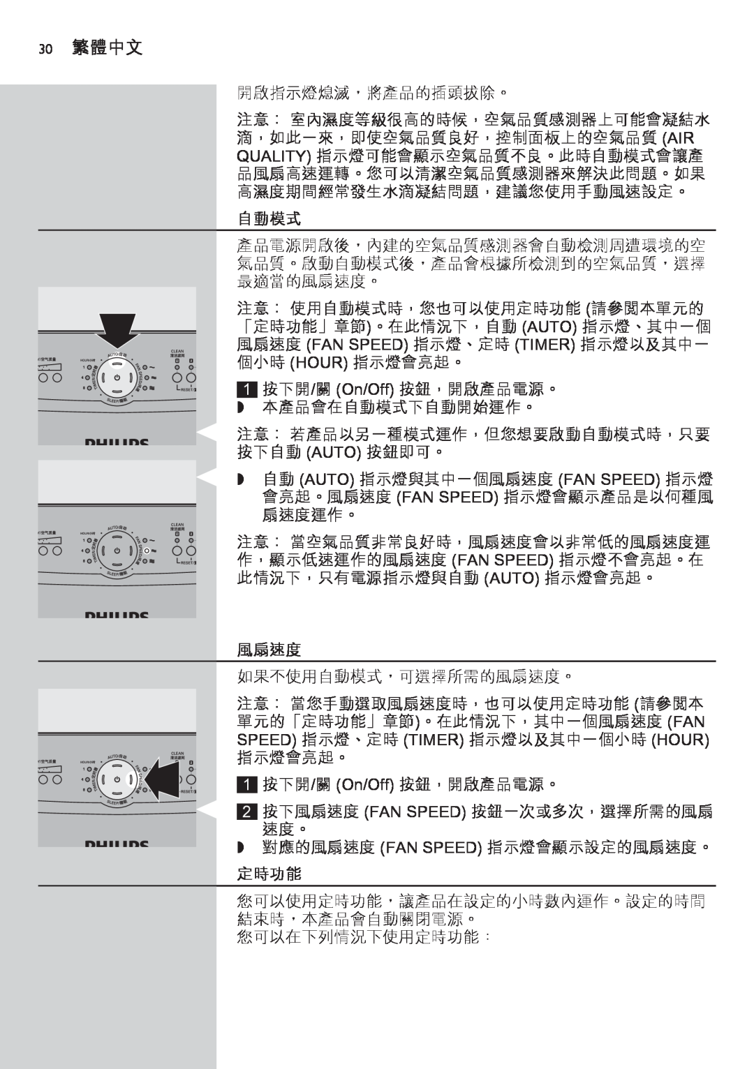 Philips AC4002 manual 30 繁體中文, 自動模式, 風扇速度, 定時功能 