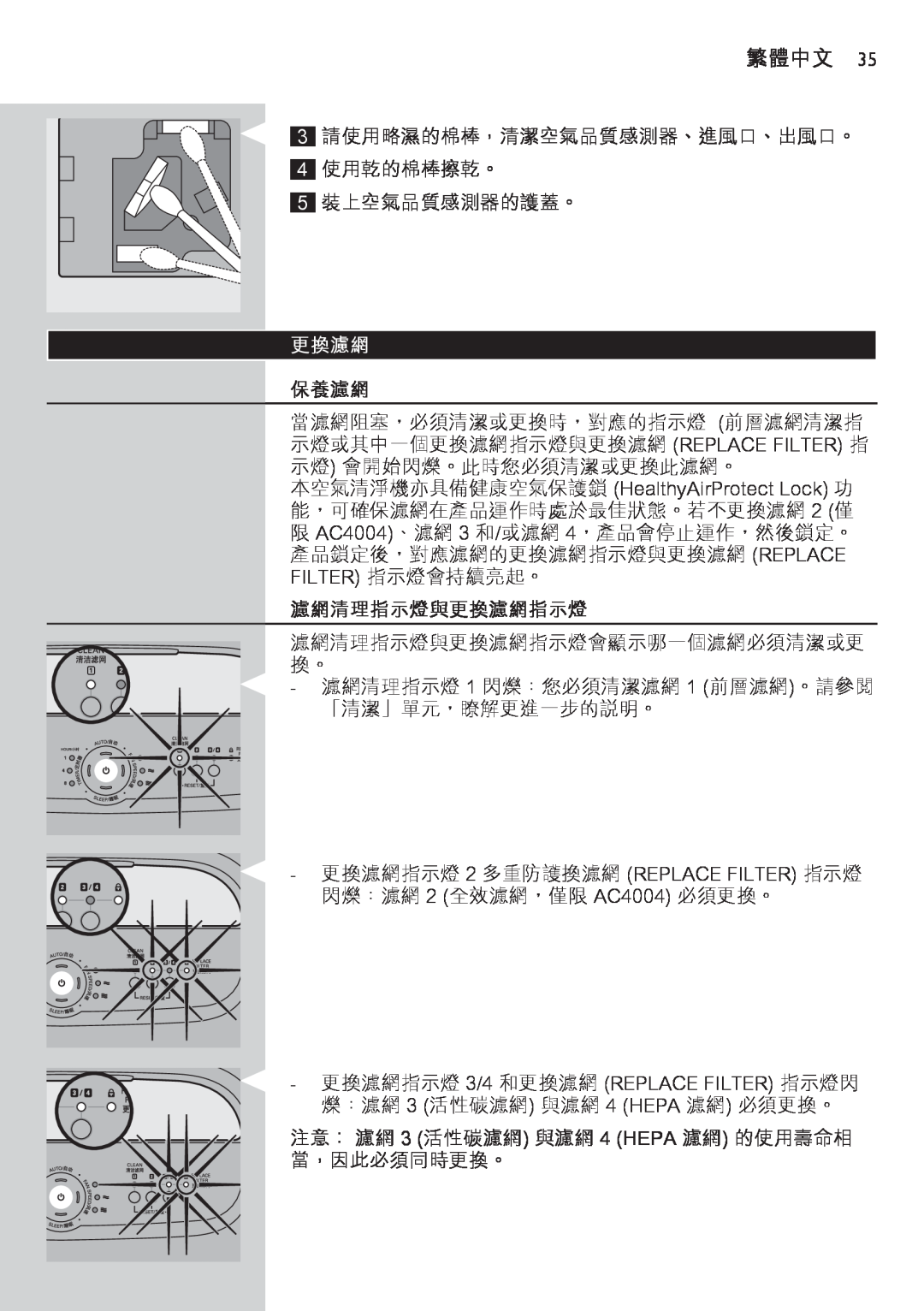 Philips AC4002 manual 保養濾網, 濾網清理指示燈與更換濾網指示燈, 繁體中文 