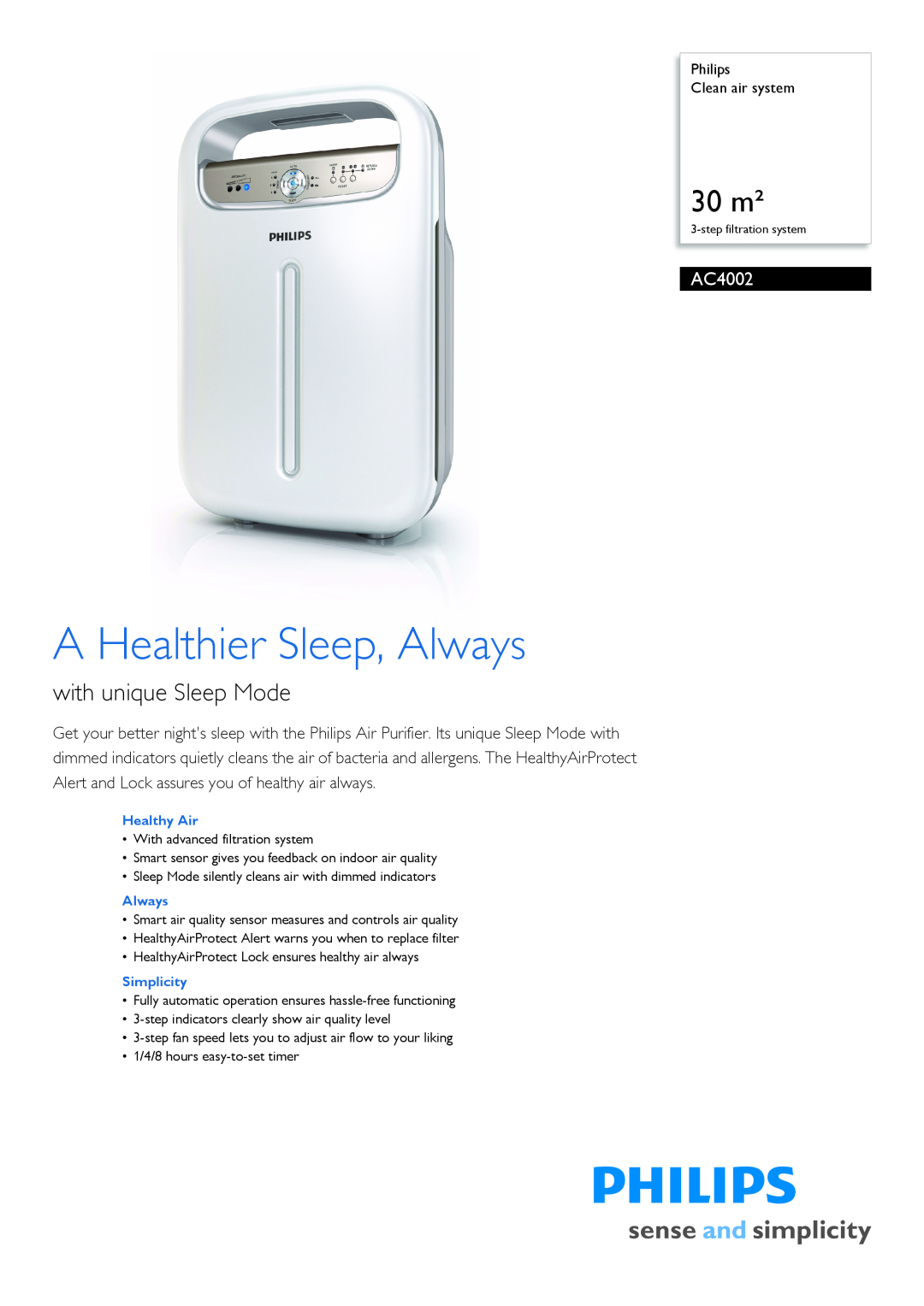 Philips AC4002/00 manual Philips Clean air system, A Healthier Sleep, Always, 30 m², with unique Sleep Mode 