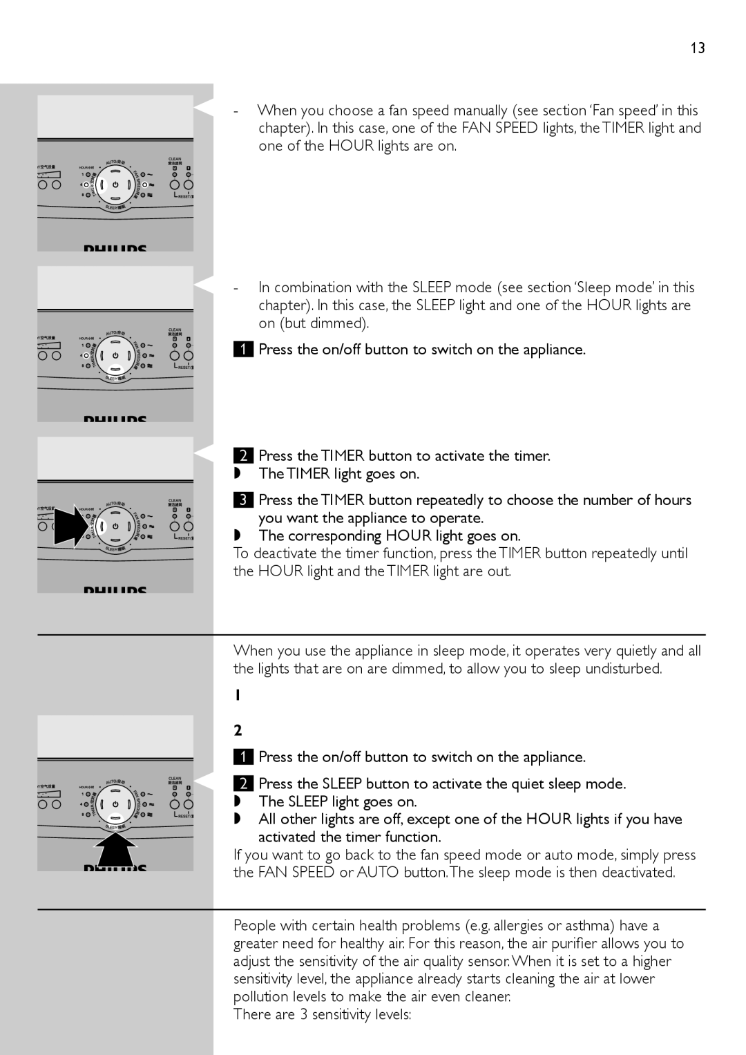 Philips AC4004, AC4002 user manual Sleep mode, Adjusting the air quality sensor sensitivity, There are 3 sensitivity levels 