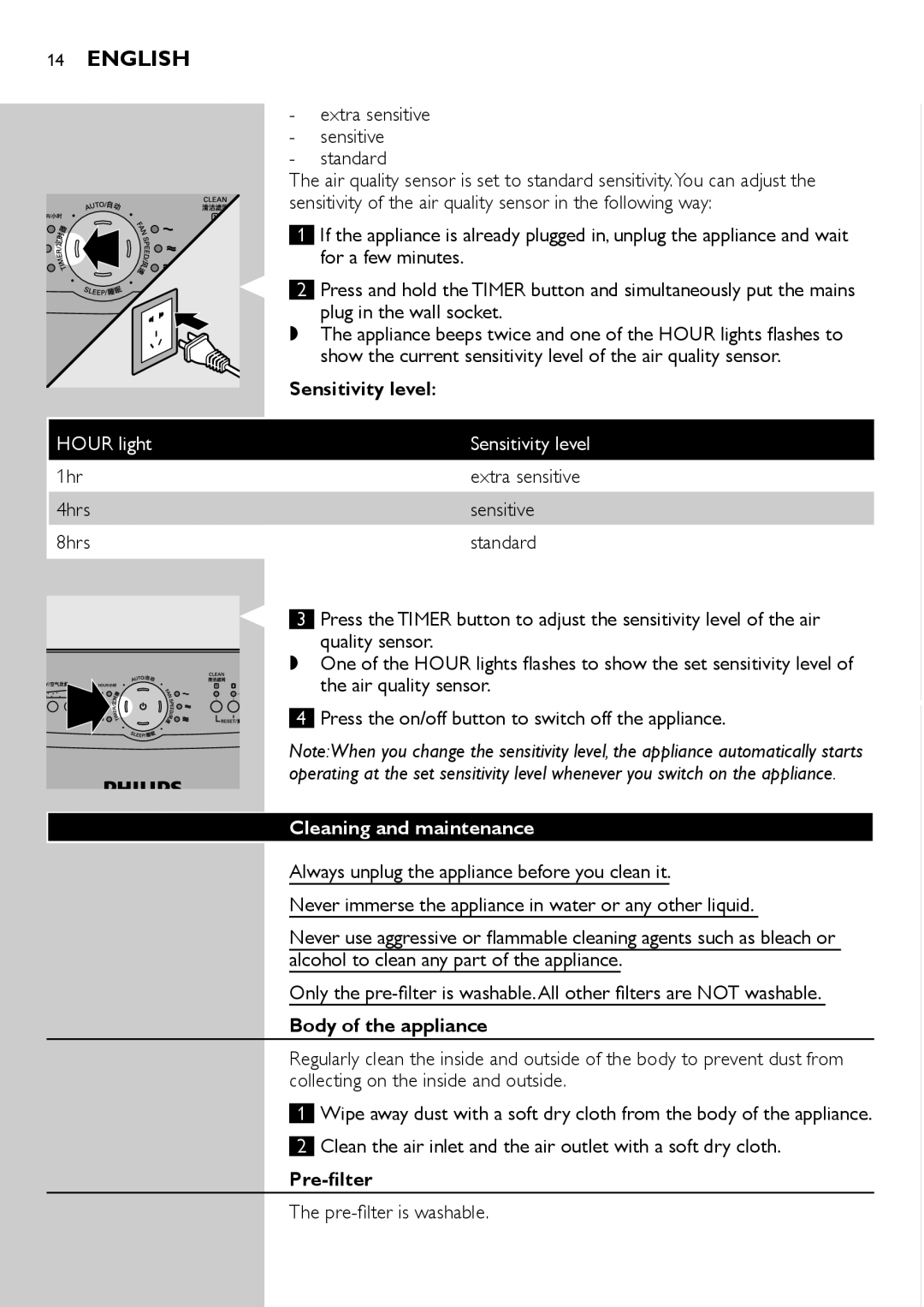 Philips AC4002, AC4004 user manual Sensitivity level, Cleaning and maintenance, Body of the appliance, Pre-filter 