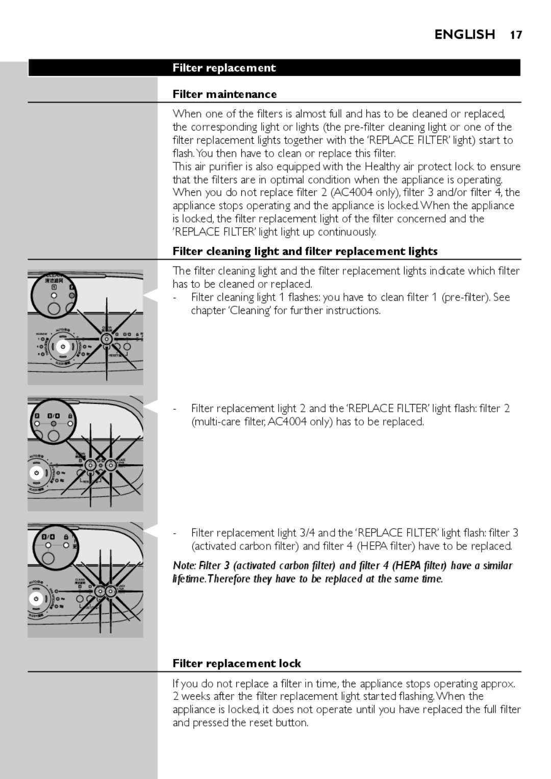 Philips AC4004, AC4002 Filter replacement, Filter maintenance, Filter cleaning light and filter replacement lights 