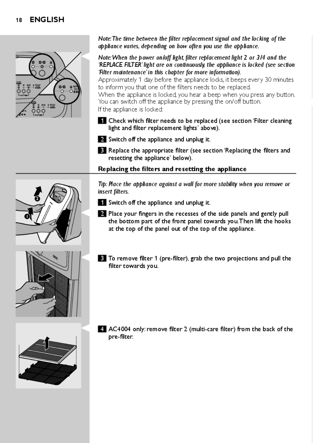 Philips AC4002, AC4004 user manual Replacing the filters and resetting the appliance, Switch off the appliance and unplug it 