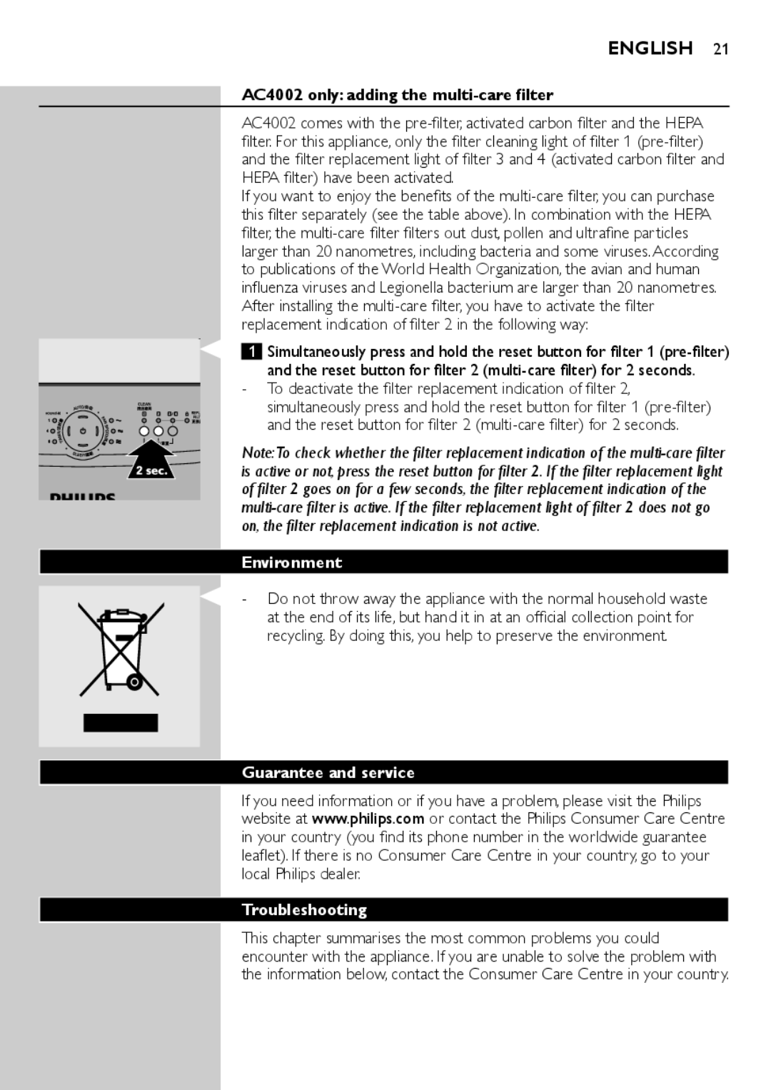 Philips AC4004 user manual AC4002 only adding the multi-care filter, Environment, Guarantee and service Troubleshooting 