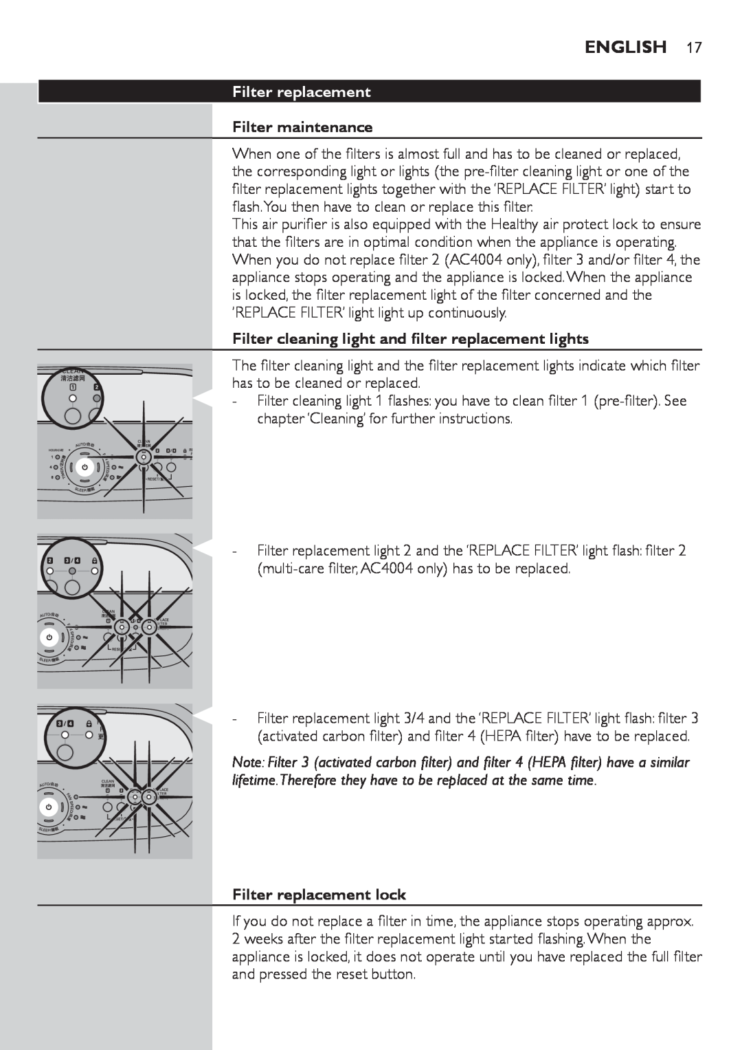 Philips AC4004, AC4002 user manual Filter maintenance, Filter replacement lock, English 