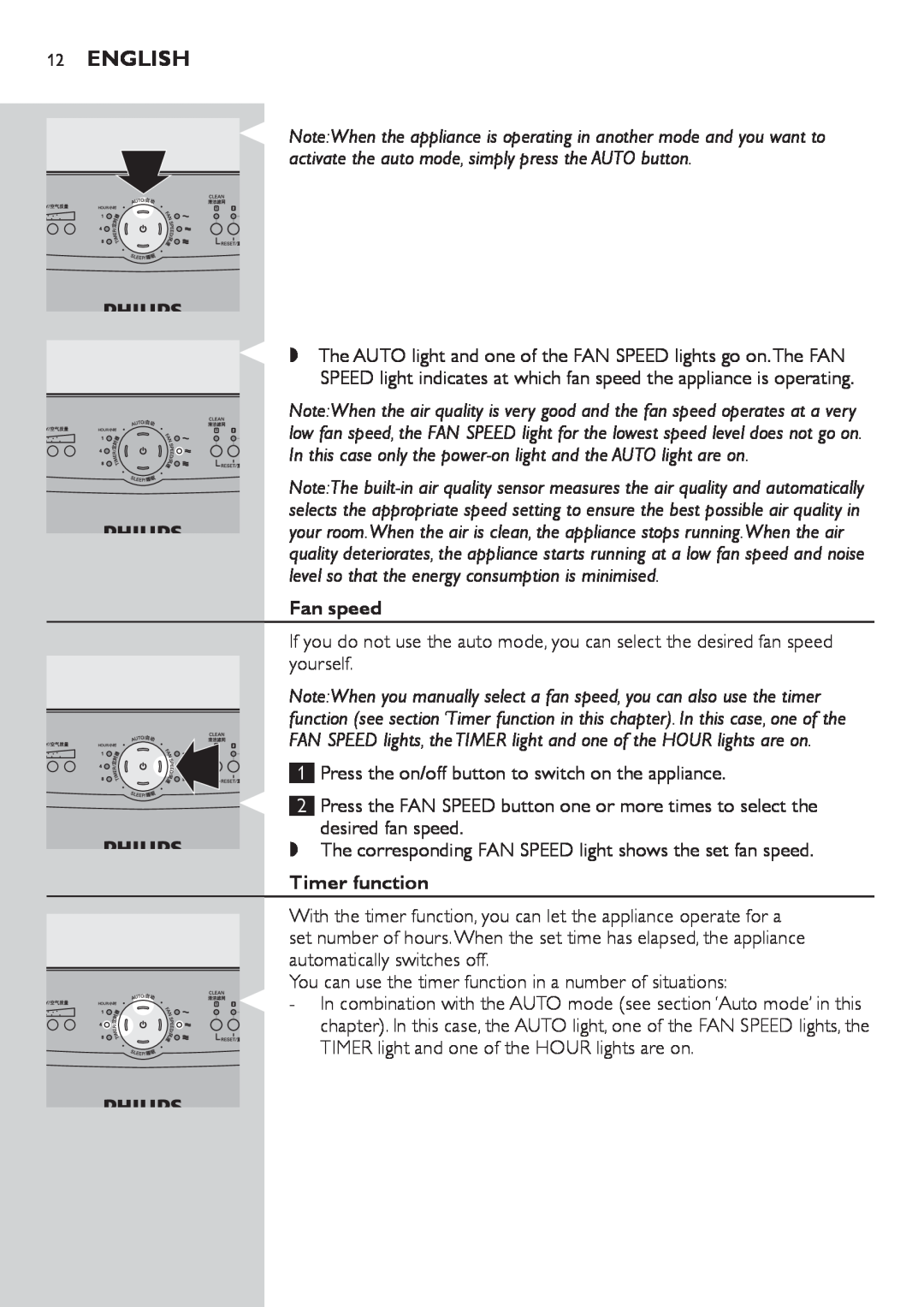 Philips AC4002, AC4004 user manual 12English, Fan speed, Timer function 