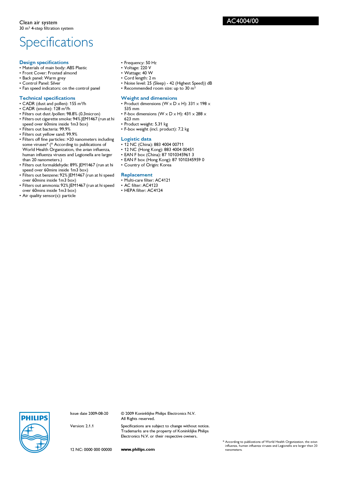 Philips AC4004/00 manual Specifications 