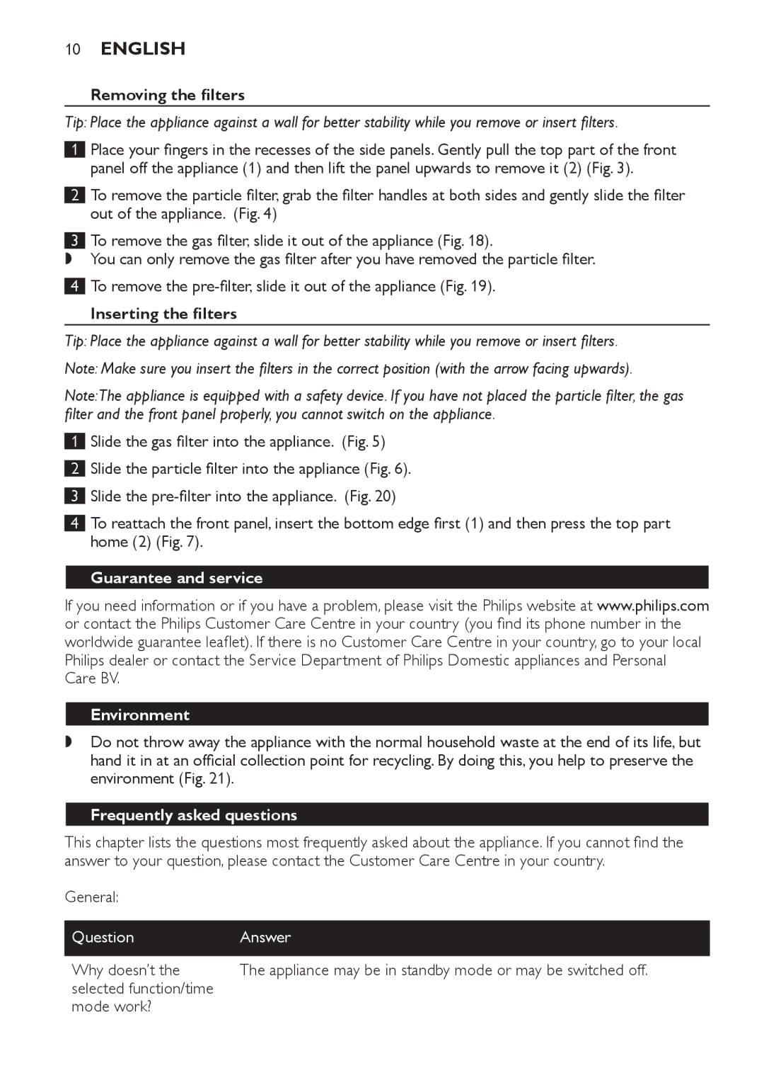 Philips AC4064 Removing the filters, Inserting the filters, Guarantee and service, Environment, Frequently asked questions 