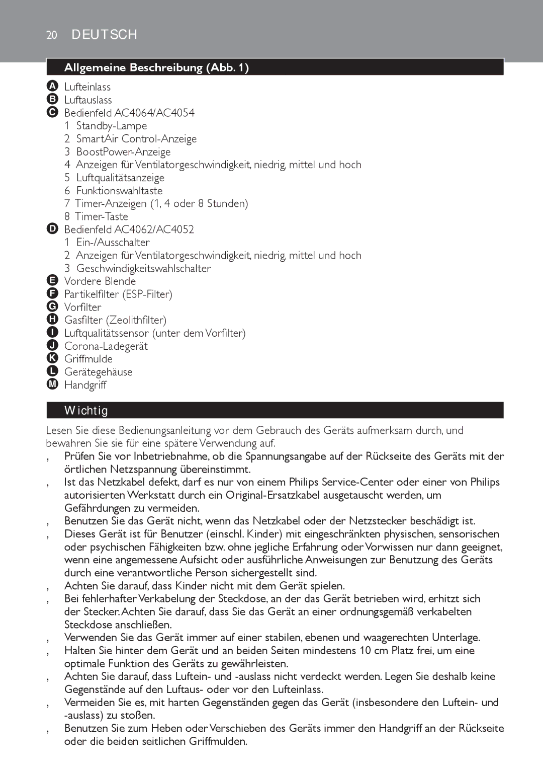 Philips AC4054, AC4062, AC4064, AC4052 manual Deutsch, Allgemeine Beschreibung Abb, Lufteinlass Luftauslass, Wichtig 