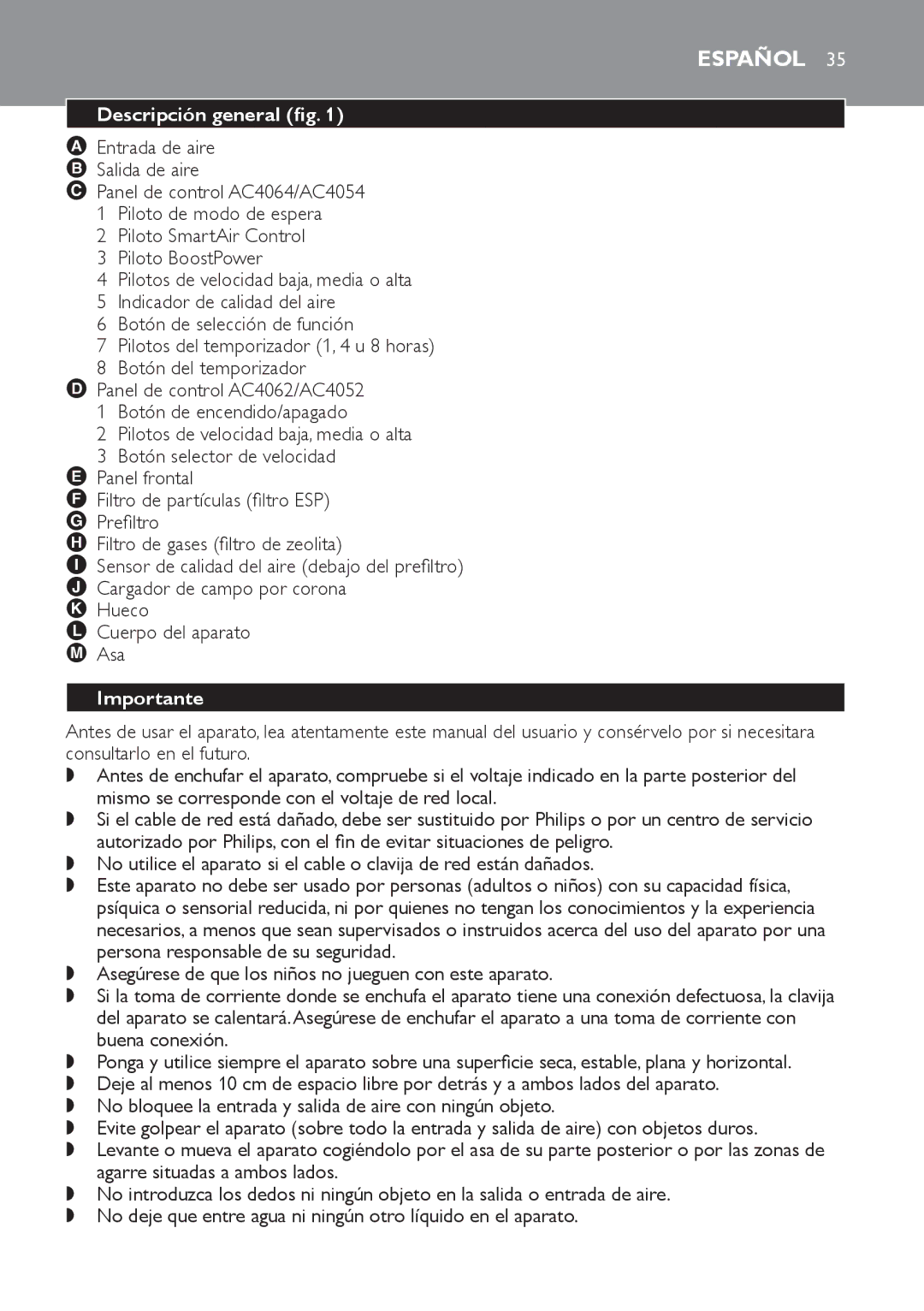 Philips AC4052, AC4054, AC4062, AC4064 manual Español, Descripción general fig, Entrada de aire Salida de aire, Importante 