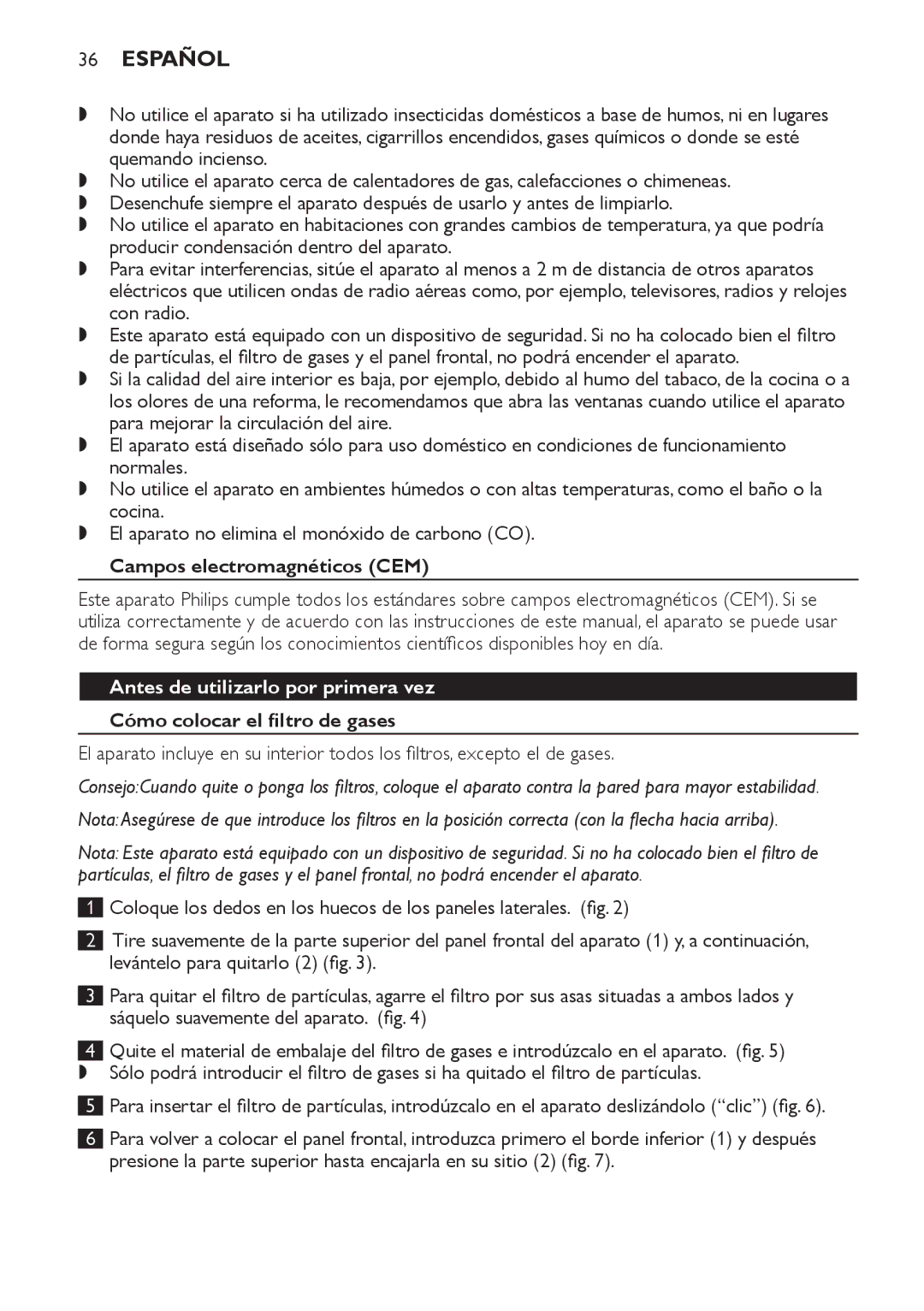 Philips AC4054 Español, Campos electromagnéticos CEM, Antes de utilizarlo por primera vez, Cómo colocar el filtro de gases 