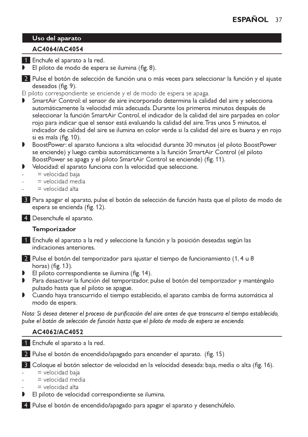 Philips AC4062, AC4054, AC4064, AC4052 manual Uso del aparato, Temporizador 