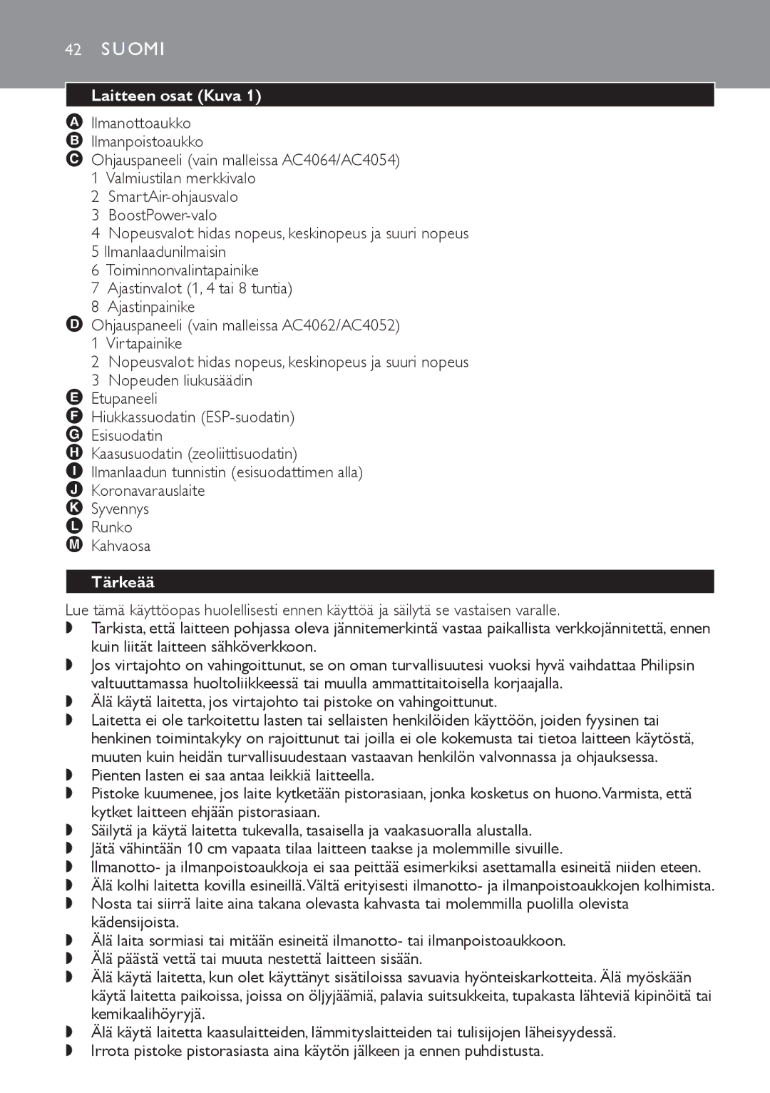 Philips AC4064, AC4054, AC4062, AC4052 manual Suomi, Laitteen osat Kuva, Tärkeää 