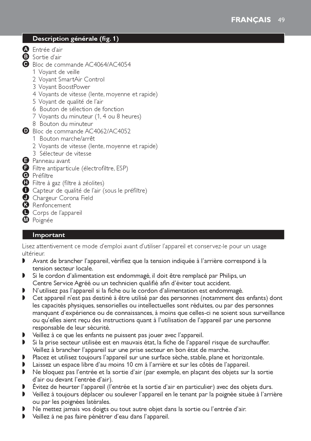 Philips AC4062, AC4054, AC4064, AC4052 manual Français, Description générale fig, Entrée d’air Sortie d’air 