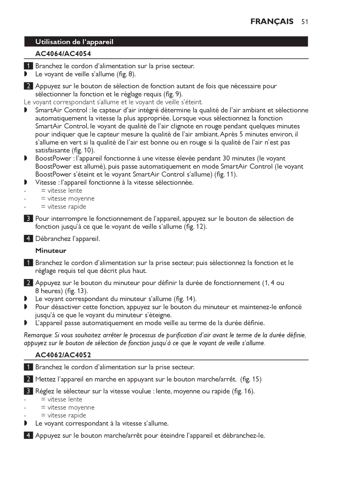 Philips AC4052, AC4054, AC4062, AC4064 manual Utilisation de l’appareil, Minuteur 