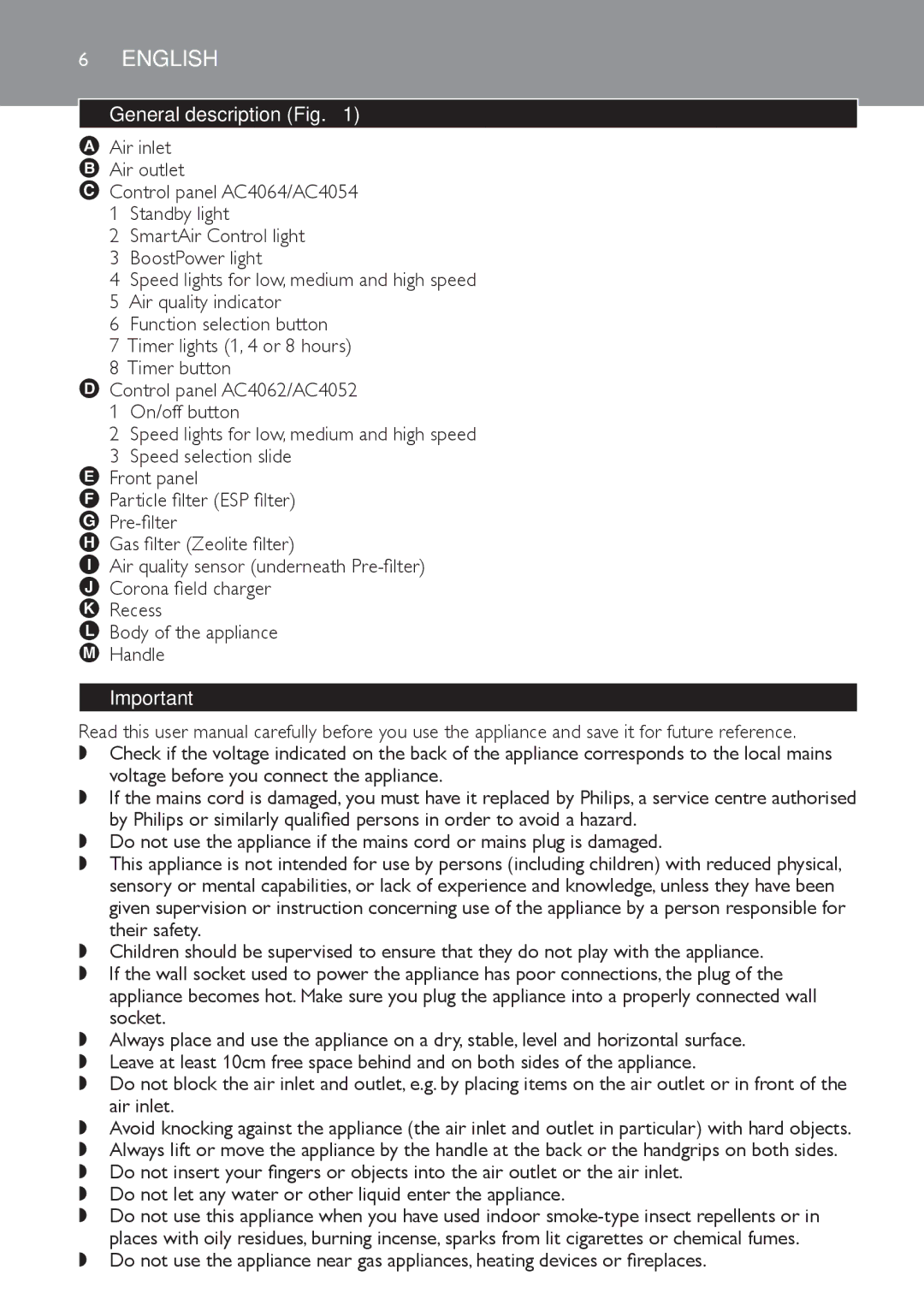 Philips AC4064, AC4054, AC4062, AC4052 manual English, General description Fig, Air inlet Air outlet 