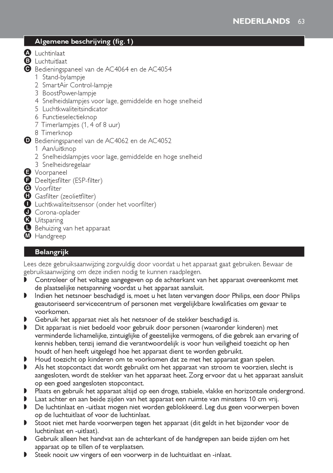 Philips AC4052, AC4054, AC4062, AC4064 manual Nederlands, Algemene beschrijving fig, Belangrijk 