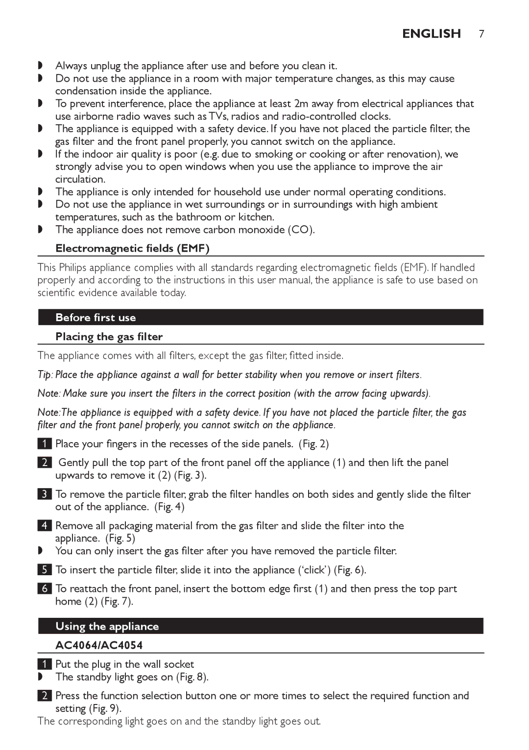 Philips AC4052, AC4054, AC4062, AC4064 manual English, Before first use, Using the appliance 