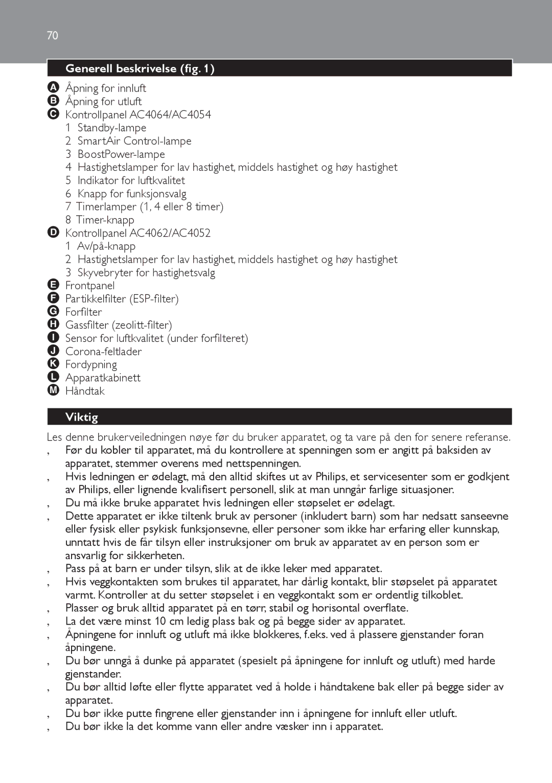 Philips AC4064, AC4054, AC4062, AC4052 manual Norsk, Generell beskrivelse fig, Åpning for innluft Åpning for utluft, Viktig 