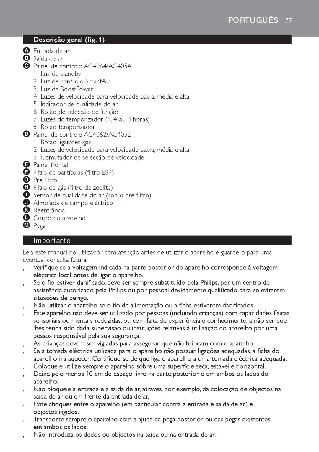 Philips AC4062, AC4054, AC4064, AC4052 manual Português, Descrição geral fig, Entrada de ar Saída de ar 