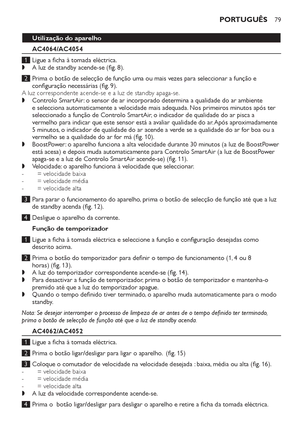 Philips AC4052, AC4054, AC4062, AC4064 manual Utilização do aparelho, Função de temporizador 