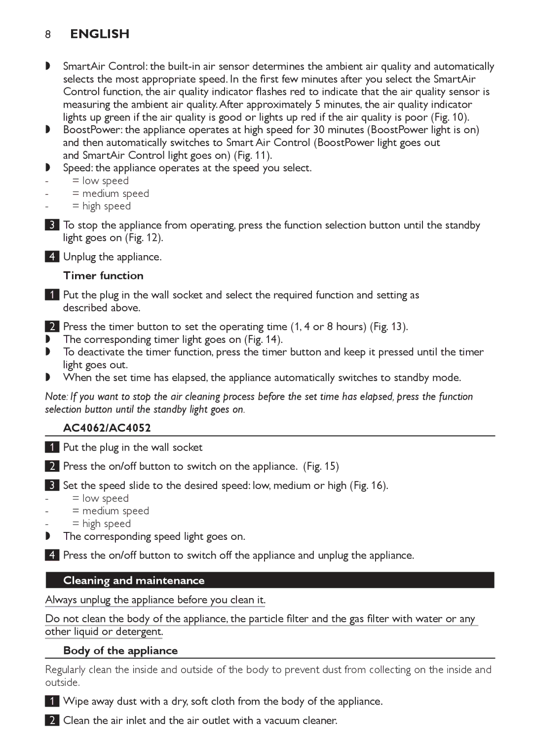 Philips AC4054, AC4064 manual Timer function, AC4062/AC4052, Cleaning and maintenance, Body of the appliance 