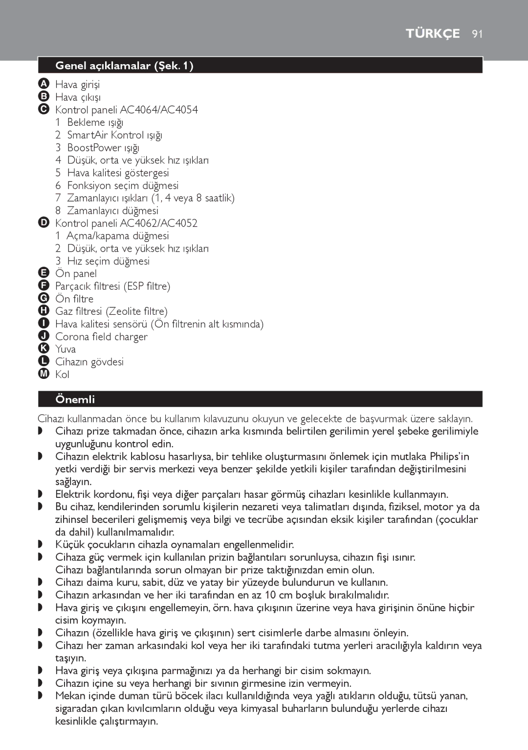 Philips AC4052, AC4054, AC4062, AC4064 manual Türkçe, Genel açıklamalar Şek, Önemli 