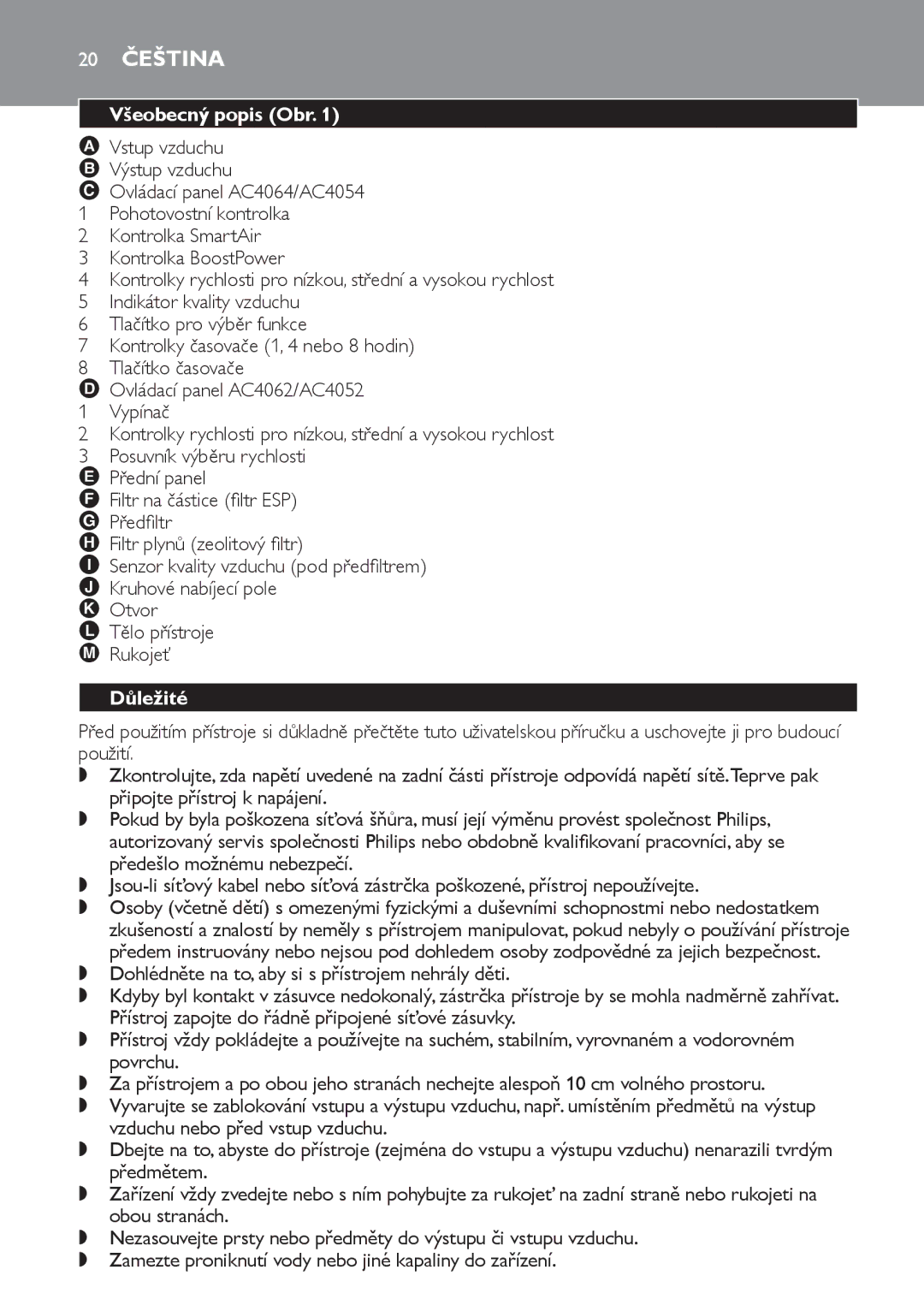 Philips AC4052, AC4054, AC4064 manual 20 Čeština, Všeobecný popis Obr, Důležité 