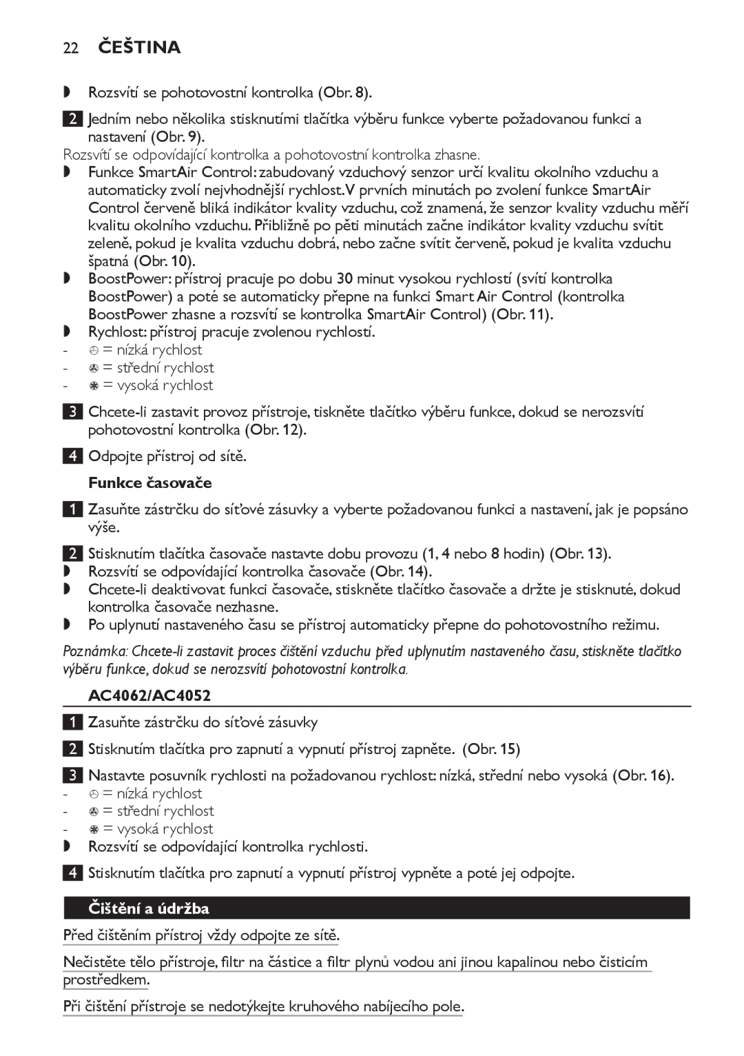 Philips AC4064, AC4054, AC4052 manual 22 Čeština, Funkce časovače, Čištění a údržba 